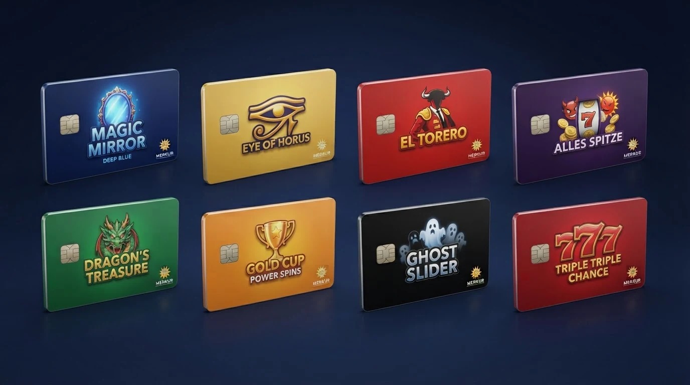 Grid aus sechs bis acht Merkur-Slot-Titelkarten — Magic Mirror, Eye of Horus, El Torero, Alles Spitze, Dragon's Treasure, Gold Cup