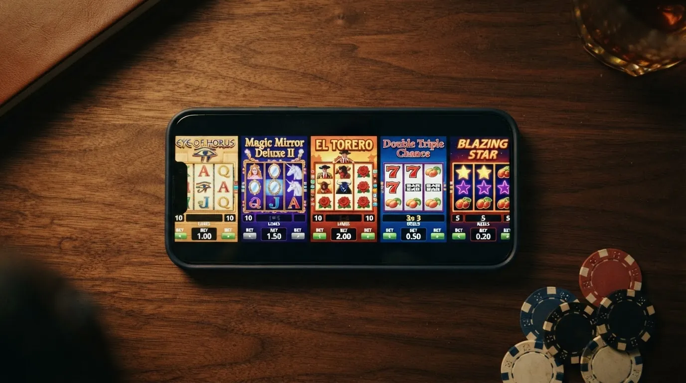Fünf Merkur-Slot-Titelbildschirme (Eye of Horus, Magic Mirror Deluxe II, El Torero, Double Triple Chance, Blazing Star) in einer Reihe mit sichtbaren Walzen und Gewinntabellen