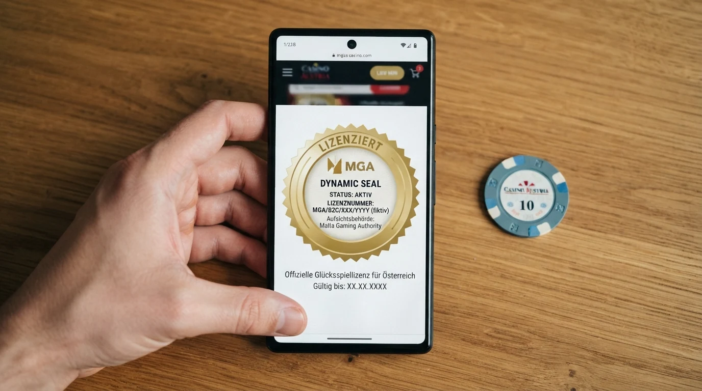 Nahaufnahme des MGA Dynamic Seal of Authorisation auf einer Casino-Webseite mit hervorgehobener Lizenznummer und Gültigkeitsstatus