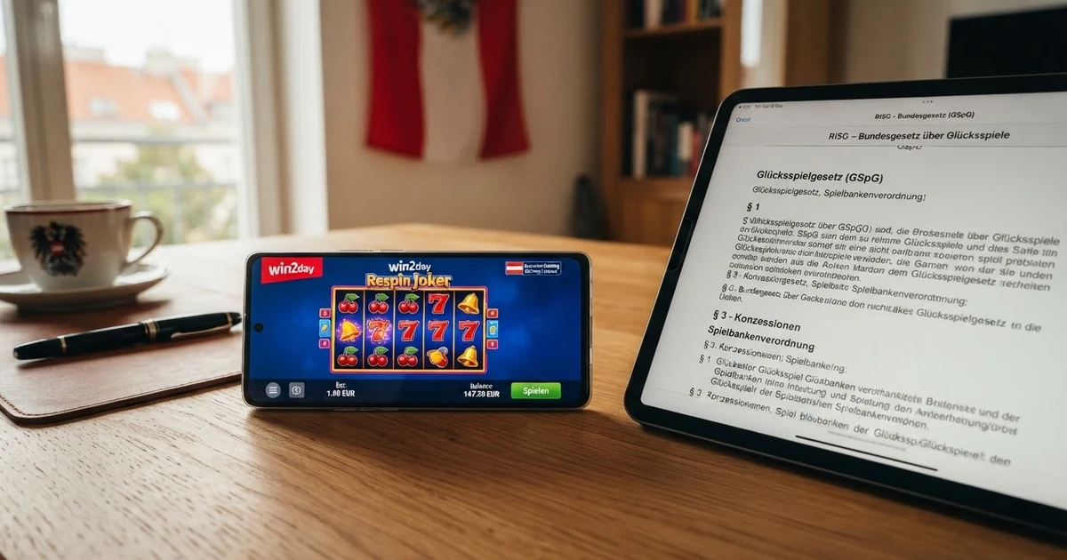 Ein Smartphone-Bildschirm zeigt die Startseite einer Online-Casino-Plattform, daneben liegt ein Tablet mit geöffnetem BMF-Gesetzestext — im Hintergrund die österreichische Flagge