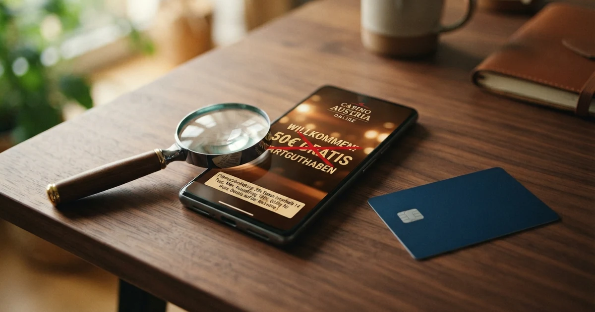 Ein geöffnetes Smartphone zeigt eine Casino-Willkommensseite mit einem durchgestrichenen „Gratis“-Schriftzug, daneben ein kleingedrucktes Bedingungsfeld mit einer Lupe vergrößert.