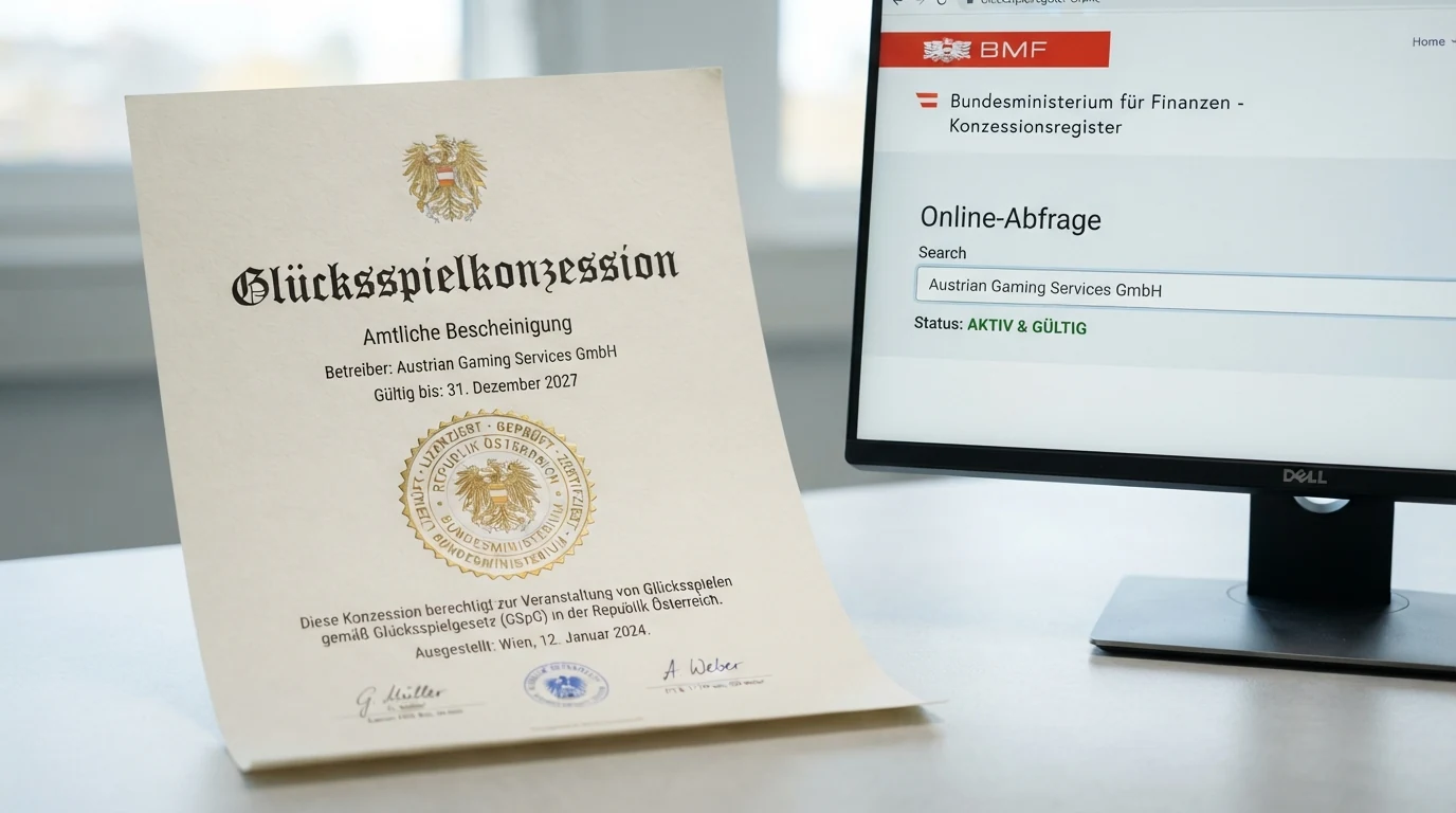 Ein aufgeschlagenes Dokument mit Siegel neben einem Bildschirm, der das BMF-Konzessionsregister und die österreichische Flagge zeigt