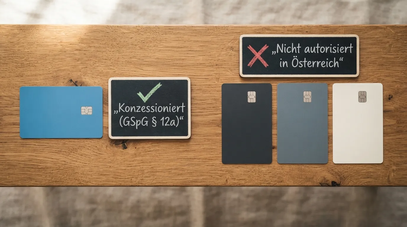Eine grafische Gegenüberstellung: links das win2day-Logo mit einem grünen Haken und dem Schriftzug „Konzessioniert (GSpG § 12a)“, rechts mehrere internationale Casino-Logos (Bet365, Mr Green, bwin) mit einem roten Kreuz und „Nicht autorisiert in Österreich“
