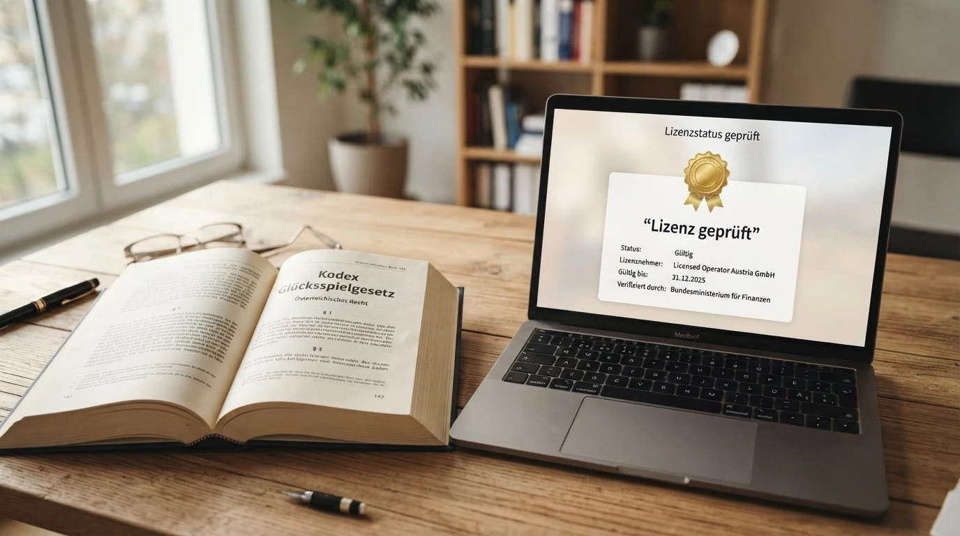 Ein aufgeschlagenes österreichisches Gesetzbuch mit dem sichtbaren Titel „Glücksspielgesetz“ neben einem Laptop mit einer Casino-Lizenzprüfungs-Seite