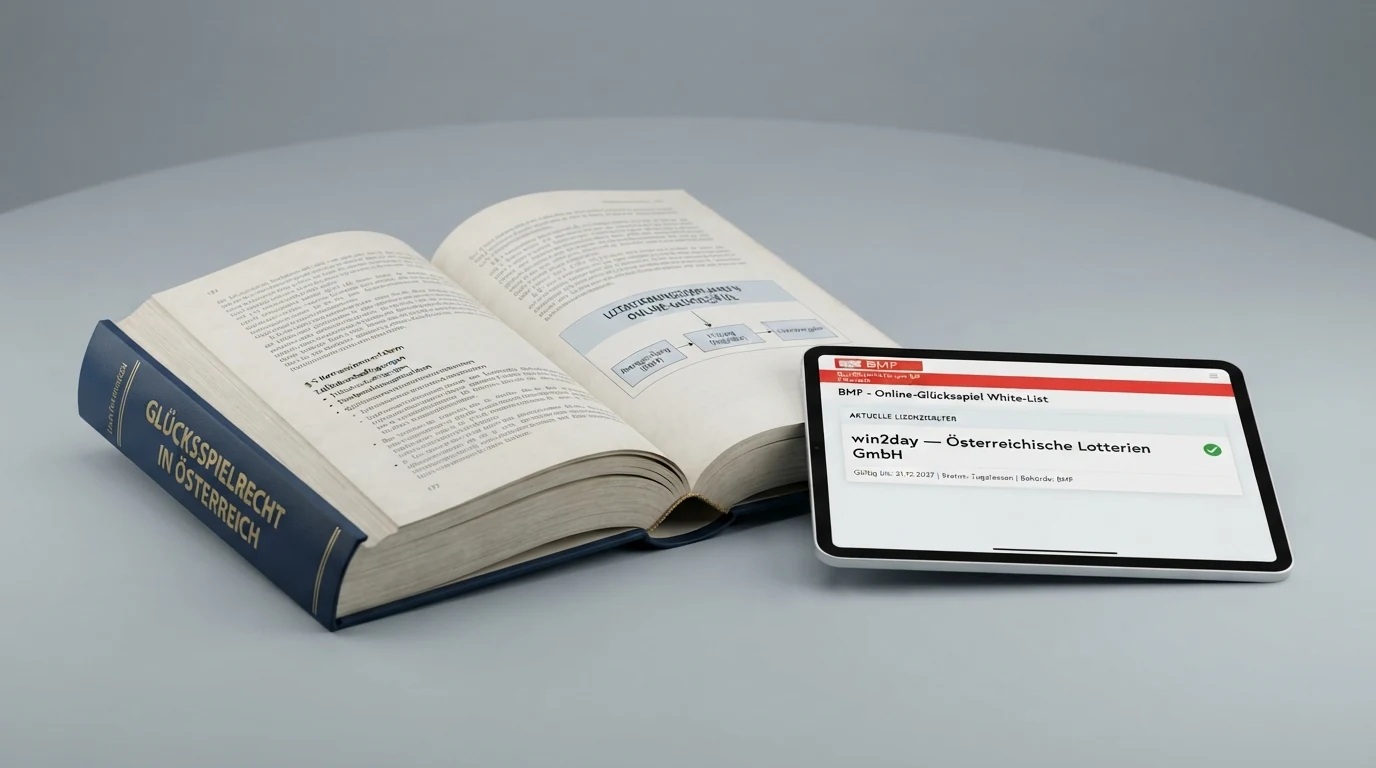 Ein aufgeschlagenes österreichisches Gesetzbuch neben einem Tablet, das die BMF-White-List mit dem Eintrag „win2day — Österreichische Lotterien GmbH“ zeigt.