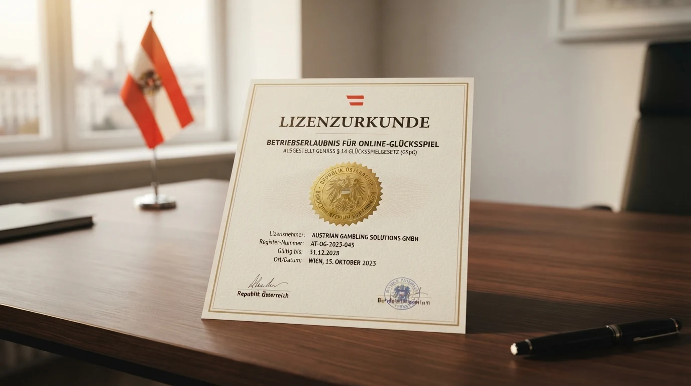 Paragrafenzeichen vor der österreichischen Flagge und dem offiziellen BMF-Glücksspiel-Siegel