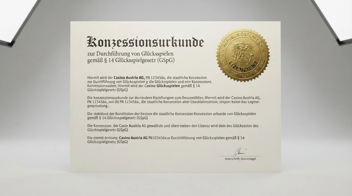 Screenshot oder Nachbildung eines offiziellen österreichischen Konzessionsdokuments oder der win2day-Startseite mit sichtbarem Hinweis auf die BMF-Konzession