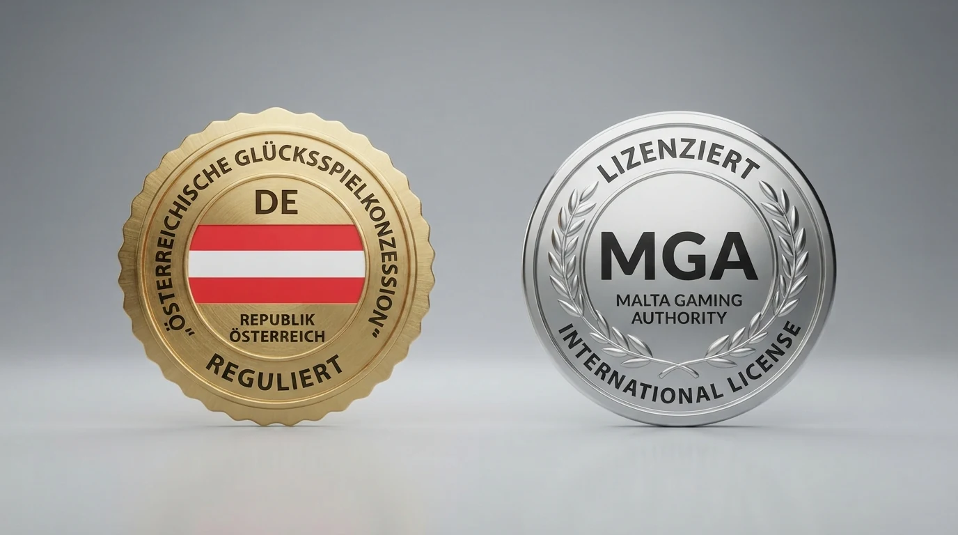 Österreichisches Konzessionssiegel neben dem MGA-Logo — visuelle Gegenüberstellung der beiden Lizenzmodelle