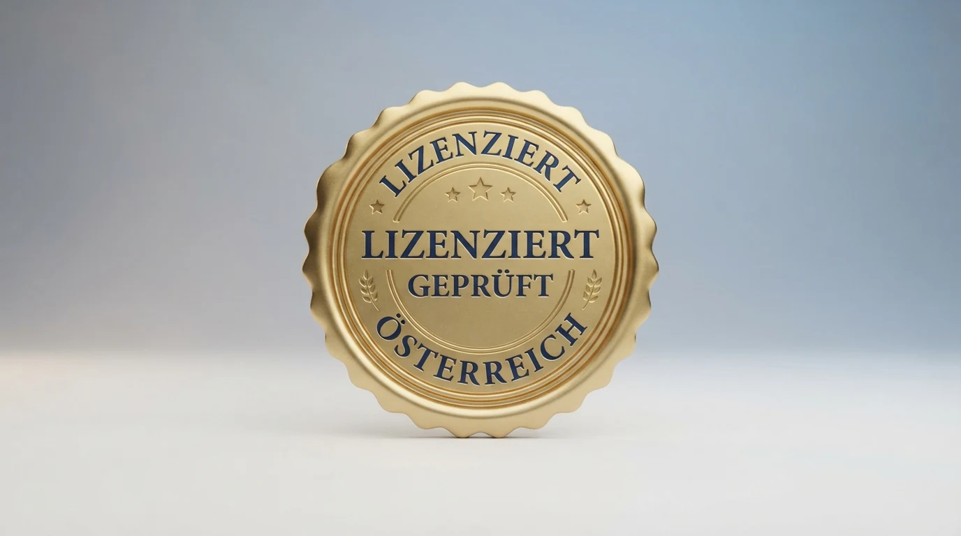 Eine illustrative Darstellung des österreichischen Glücksspielgesetzes: Paragrafenzeichen, Bundesadler und das Wort „Konzession“ auf einem offiziell wirkenden Dokument.