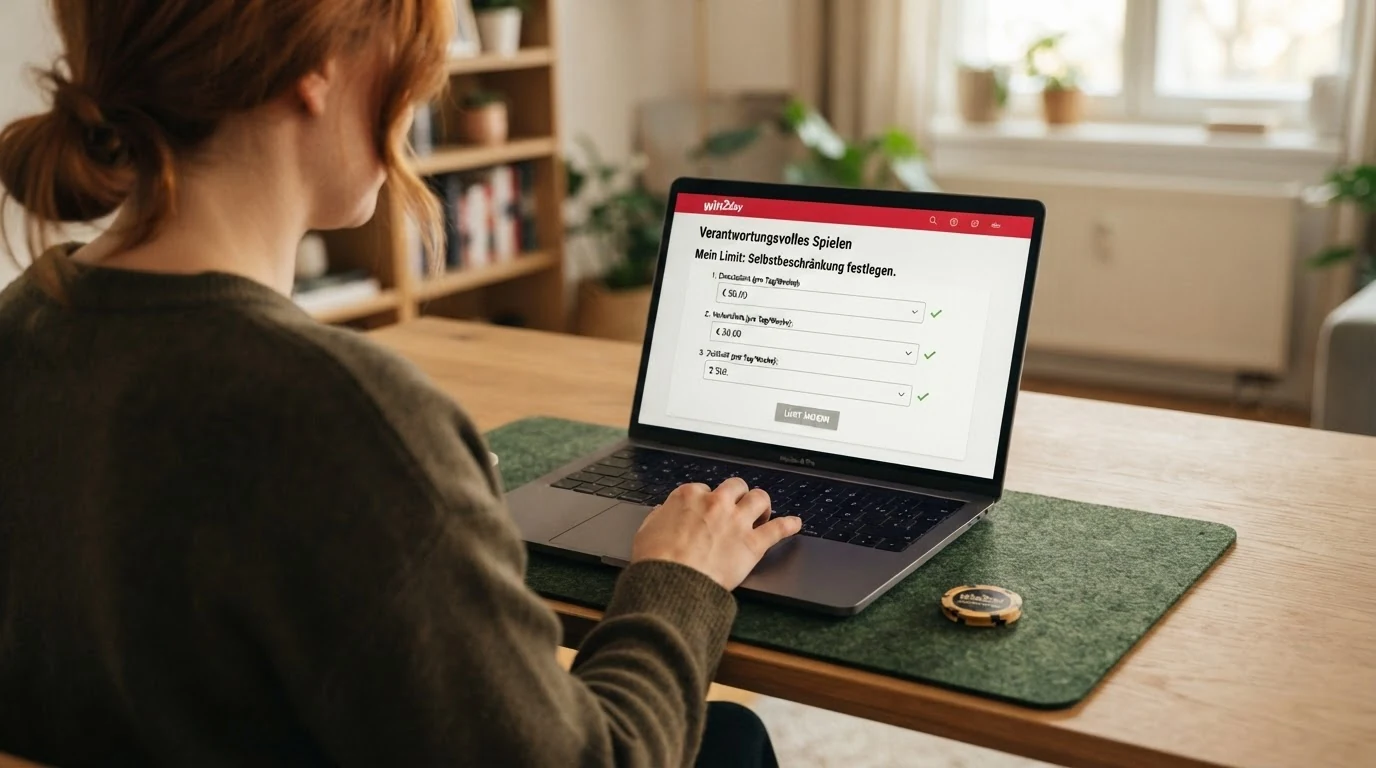 Screenshot-Darstellung der win2day-Limit-Einstellungsseite mit den verpflichtenden Feldern für Einsatz-, Verlust- und Zeitlimits