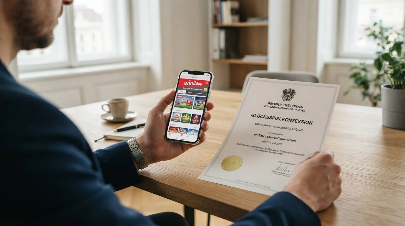 Nahaufnahme eines offiziellen Dokuments mit österreichischem Bundeswappen und dem Schriftzug „Glücksspielkonzession“, daneben ein Smartphone mit geöffneter win2day-Startseite