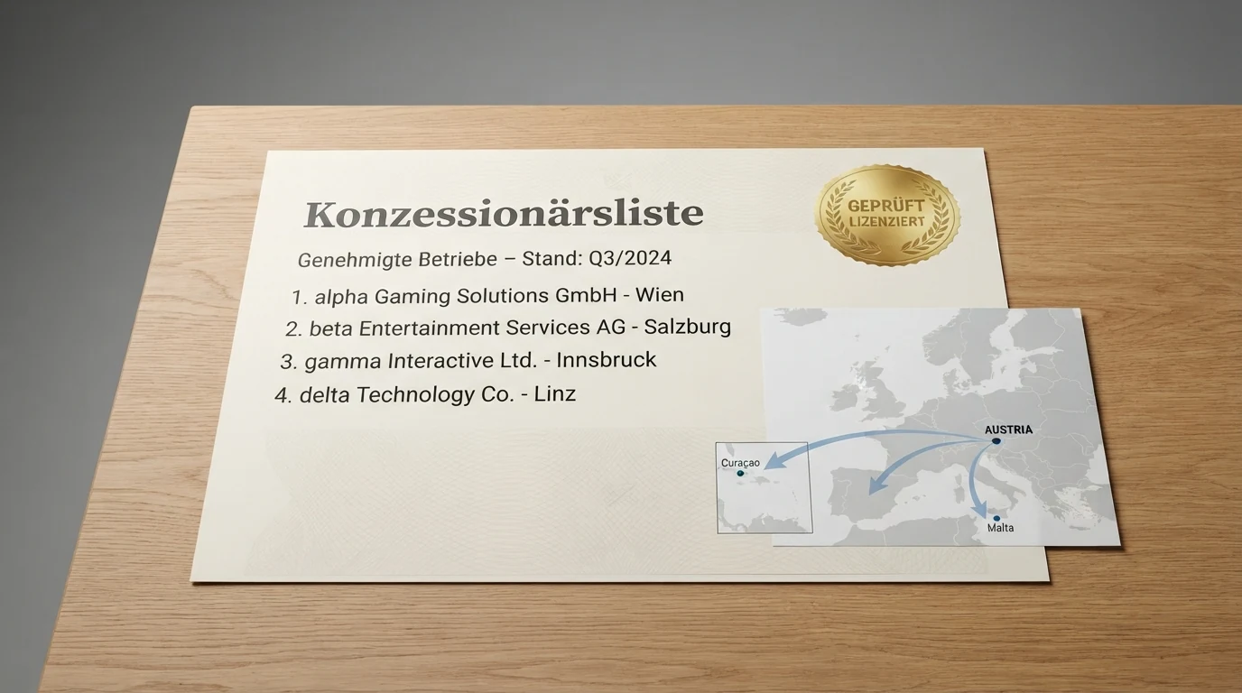 Bildschirmfoto der BMF-Konzessionärsliste mit dem einzigen Eintrag „Österreichische Lotterien GmbH (win2day)“ im Bereich Online-Glücksspiel, daneben eine Europakarte mit Pfeilen aus Malta und Curaçao nach Österreich