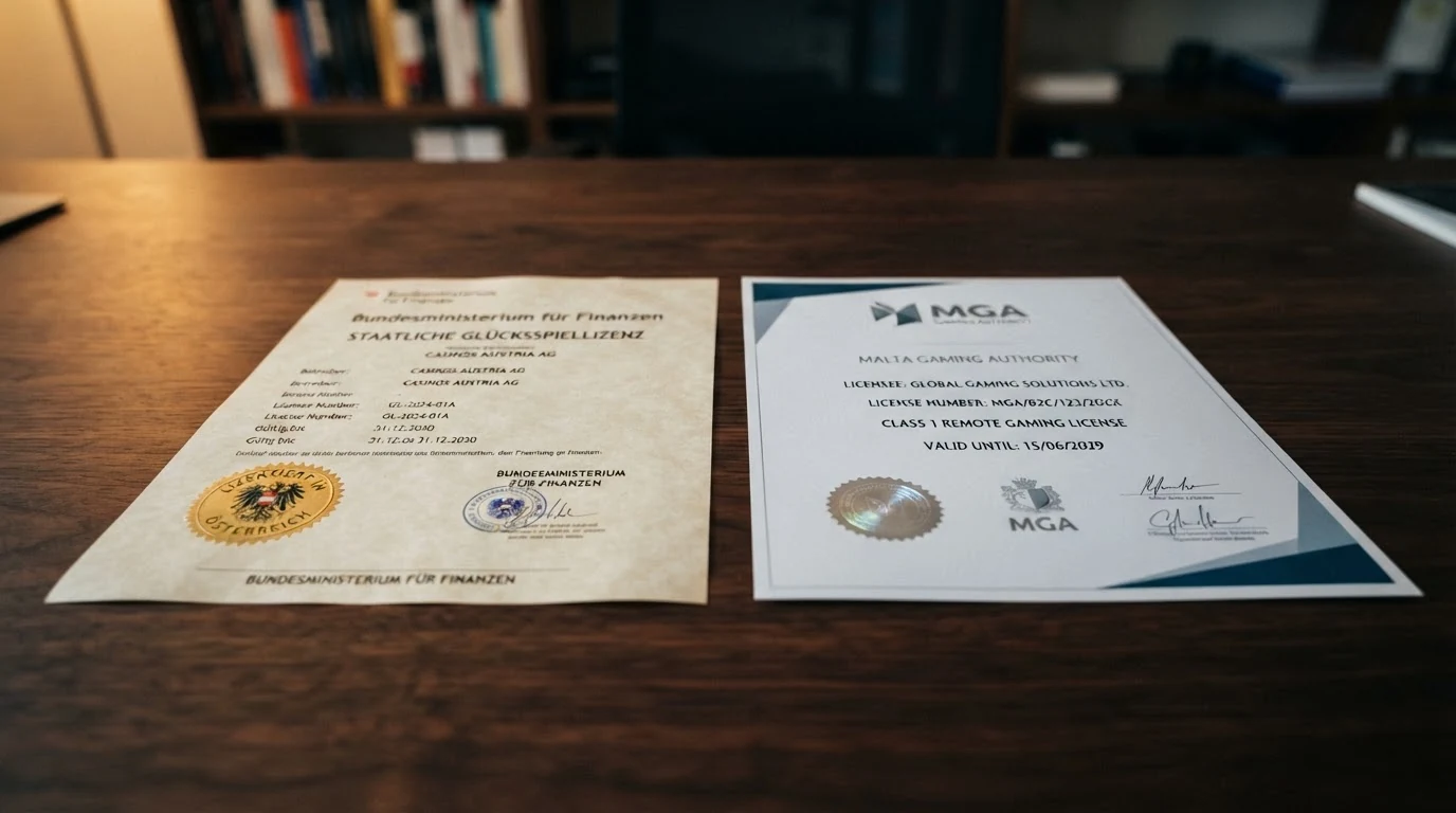 Offizielles österreichisches Glücksspiel-Konzessionsdokument neben dem Logo der Malta Gaming Authority — zwei Lizenzwelten im Vergleich