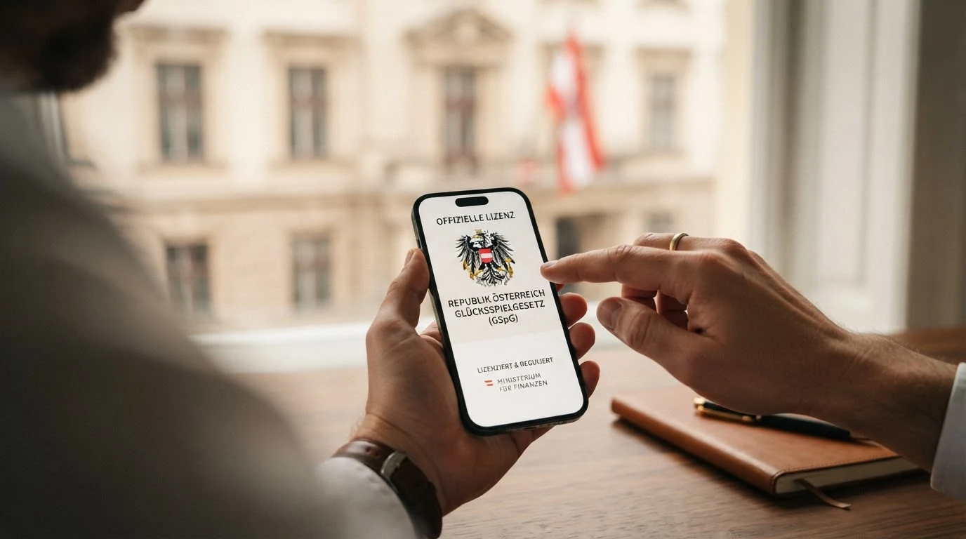 Ein stilisiertes österreichisches Amtsgebäude oder Bundeswappen neben einem Smartphone, auf dessen Display ein Schloss-Symbol und der Schriftzug „GSpG“ zu sehen sind