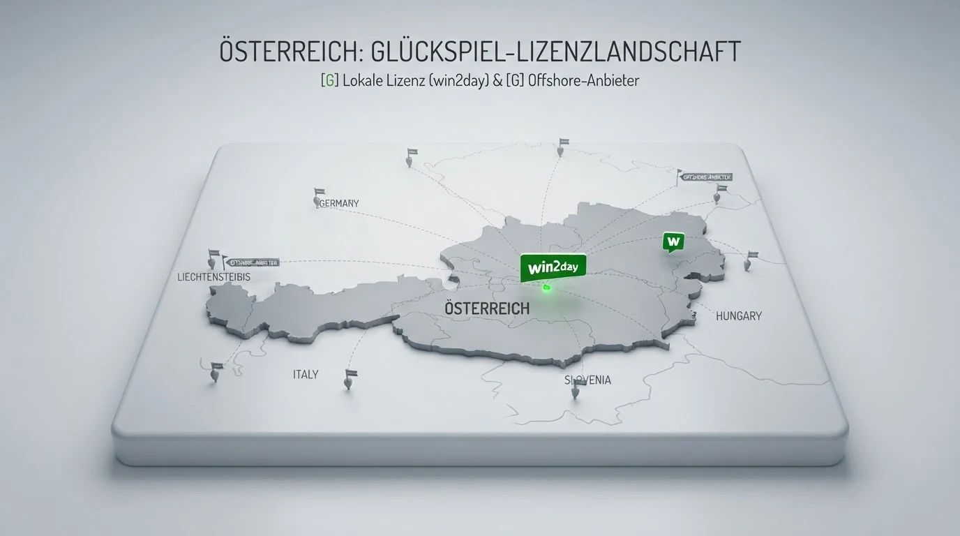 Eine stilisierte Österreich-Karte mit einem einzelnen grünen Punkt (win2day) und neun grauen Punkten außerhalb der Landesgrenzen, verbunden durch gestrichelte Linien.