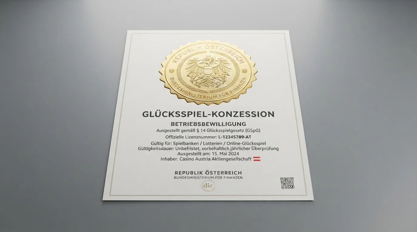 Ein offiziell wirkendes Dokument mit Siegel und der Aufschrift „Konzession“ neben der österreichischen Flagge