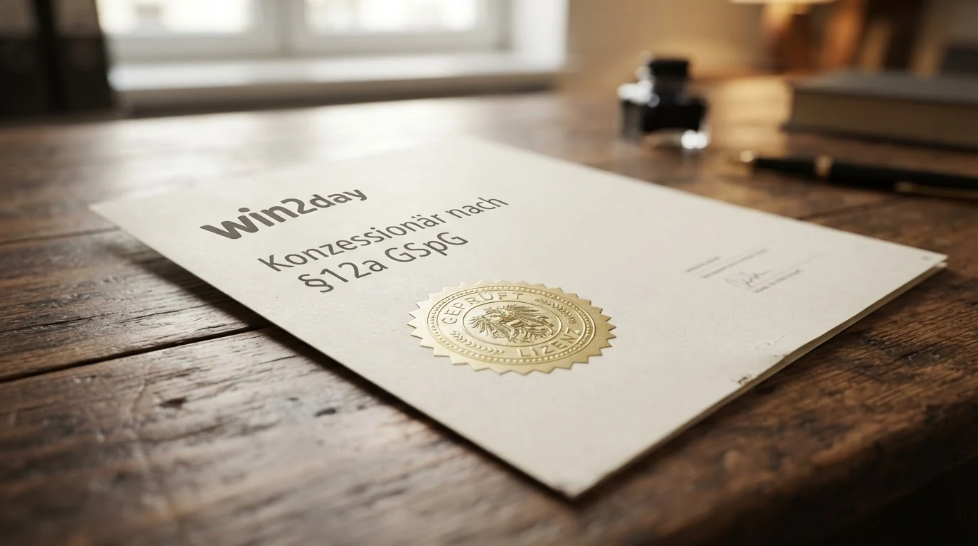 Das offizielle win2day-Logo neben dem Schriftzug „Konzessionär nach §12a GSpG“ auf einer Dokumentenansicht