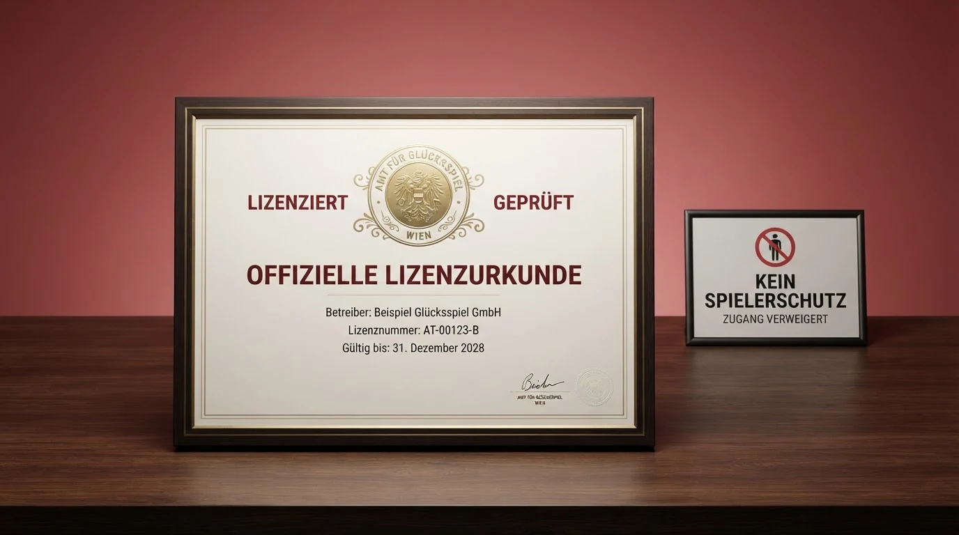Ein amtlich wirkendes Dokument mit dem Siegel der Republik Österreich und dem Titel „Glücksspielkonzession“ liegt auf einem Schreibtisch, daneben ein Sperrschild mit der Aufschrift „Kein Spielerschutz“