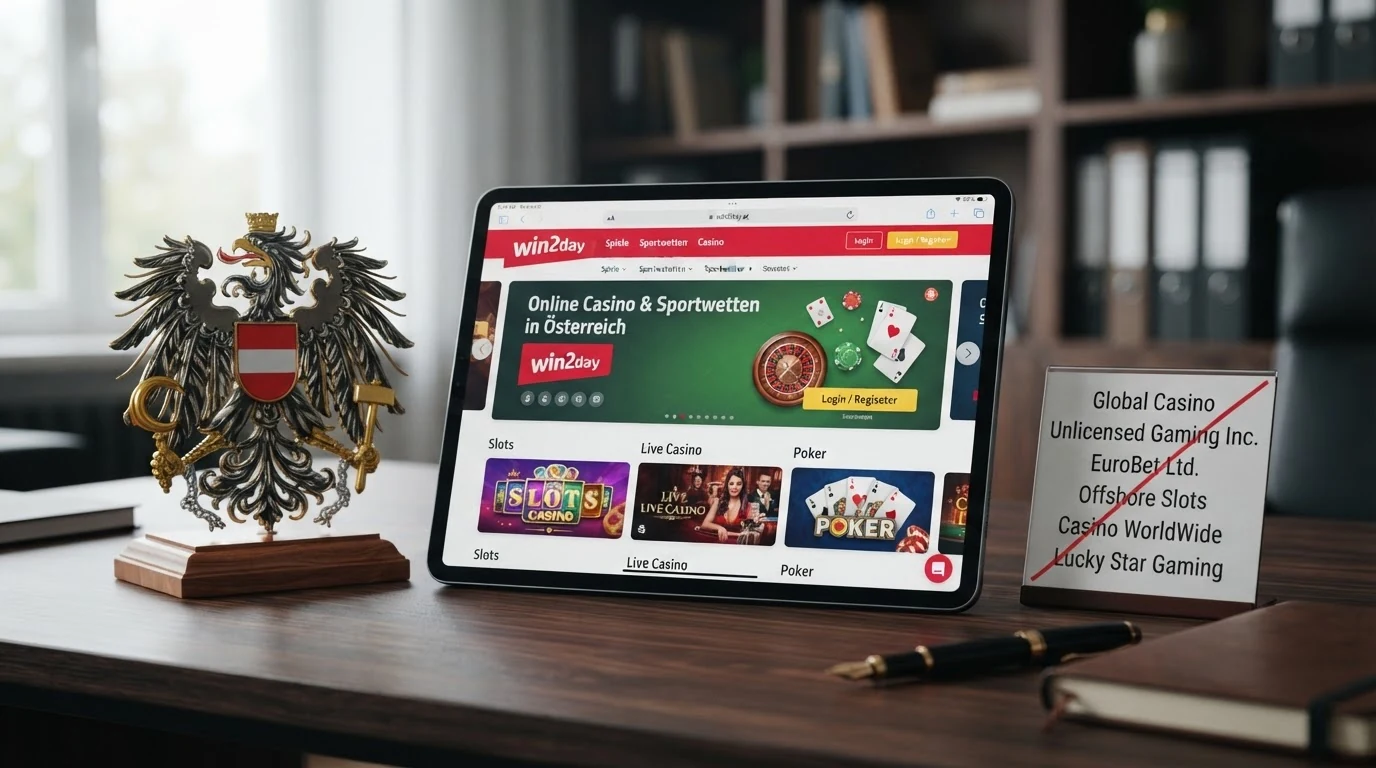 Stilisierte Darstellung des österreichischen Bundesadlers neben einem Tablet mit win2day-Startseite und einer durchgestrichenen Liste von Offshore-Casino-Logos