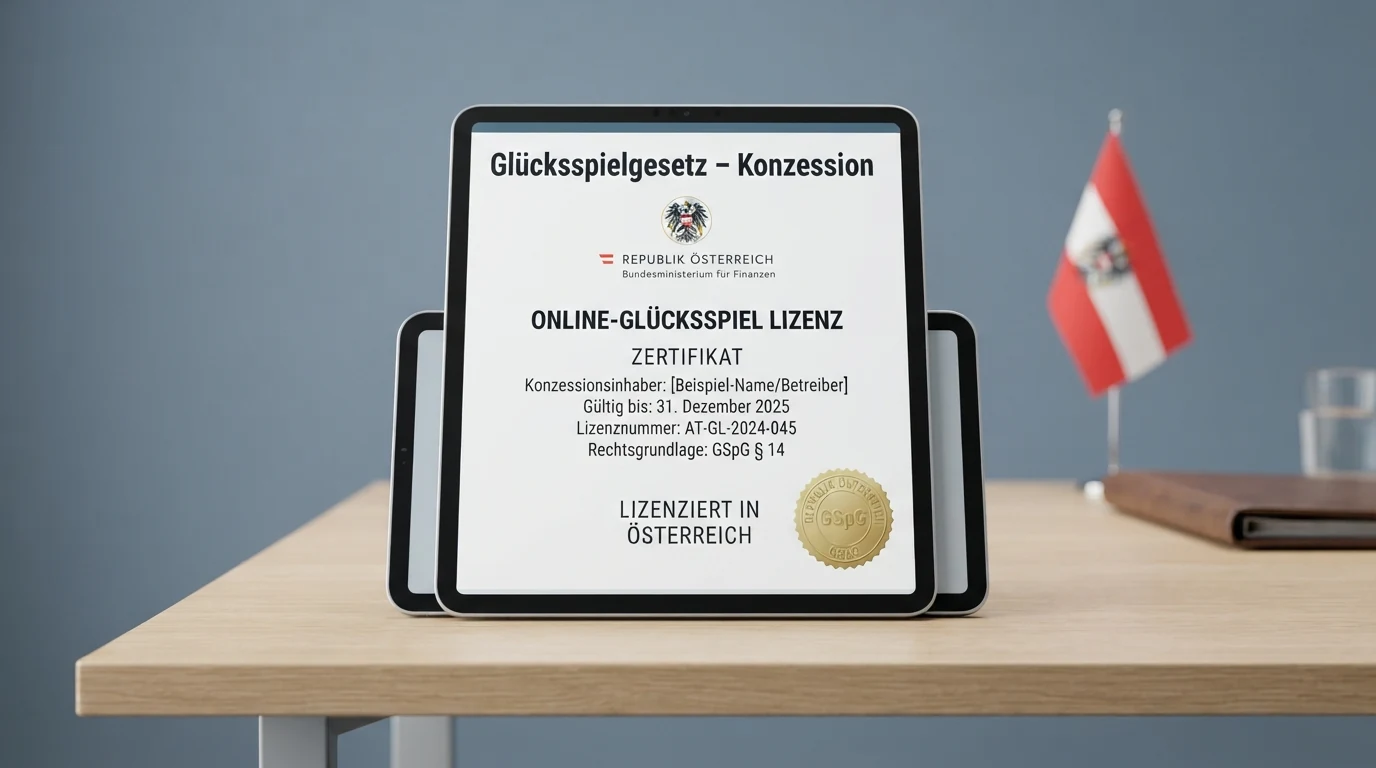 Bildschirmdarstellung eines offiziellen Dokuments mit BMF-Logo und dem Schriftzug „Glücksspielgesetz – Konzession“, im Hintergrund die österreichische Flagge