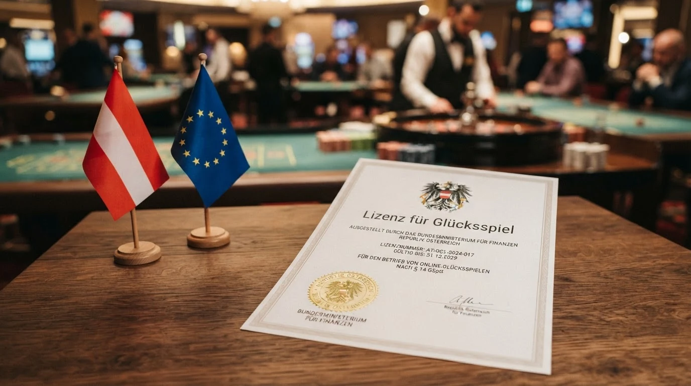 Eine österreichische Europaflagge neben einem amtlichen Dokument mit Siegel, im Hintergrund ein durchgestrichenes „Casino“-Schild