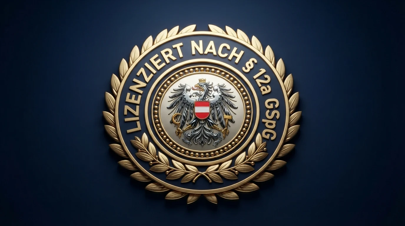 Offizielles Siegel der österreichischen Glücksspielkonzession mit Bundesadler, daneben eine stilisierte Darstellung des GSpG-Gesetzestextes und das win2day-Logo