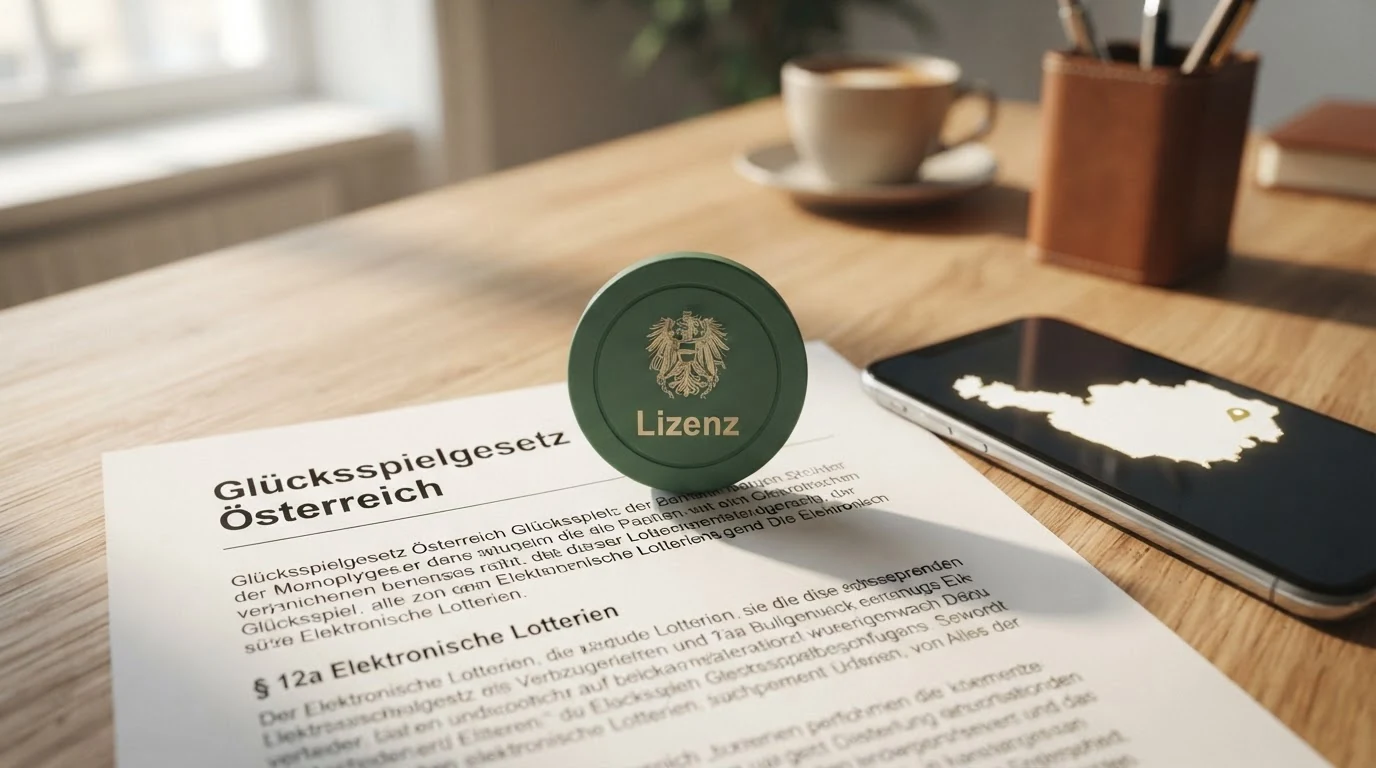 Eine stilisierte Österreich-Karte mit der Kennzeichnung des Glücksspielmonopols — nur ein lizenzierter Online-Anbieter für das gesamte Bundesgebiet