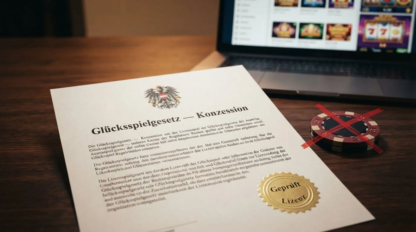 Ein offiziell wirkendes Dokument mit österreichischem Bundesadler und dem Wortlaut „Glücksspielgesetz — Konzession“ neben einem durchgestrichenen Casino-Chip