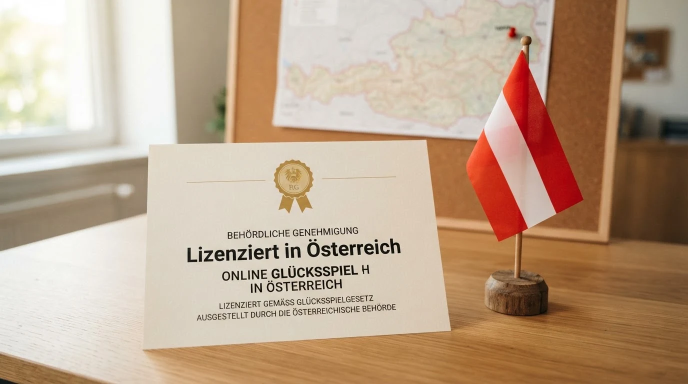 Eine stilisierte Österreich-Karte mit einem markierten Punkt für Wien, daneben die Logos „BMF“ und „GSpG“ sowie ein grünes Häkchen bei win2day und ein graues Fragezeichen-Symbol bei „EU-Lizenz“ — die visuelle Darstellung des Lizenzgefälles