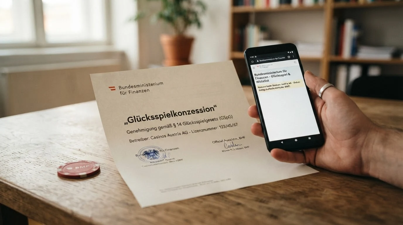 Österreichisches Bundeswappen auf einem offiziellen Dokument des BMF mit dem Titel „Glücksspielkonzession“ und dem Text des § 12a GSpG