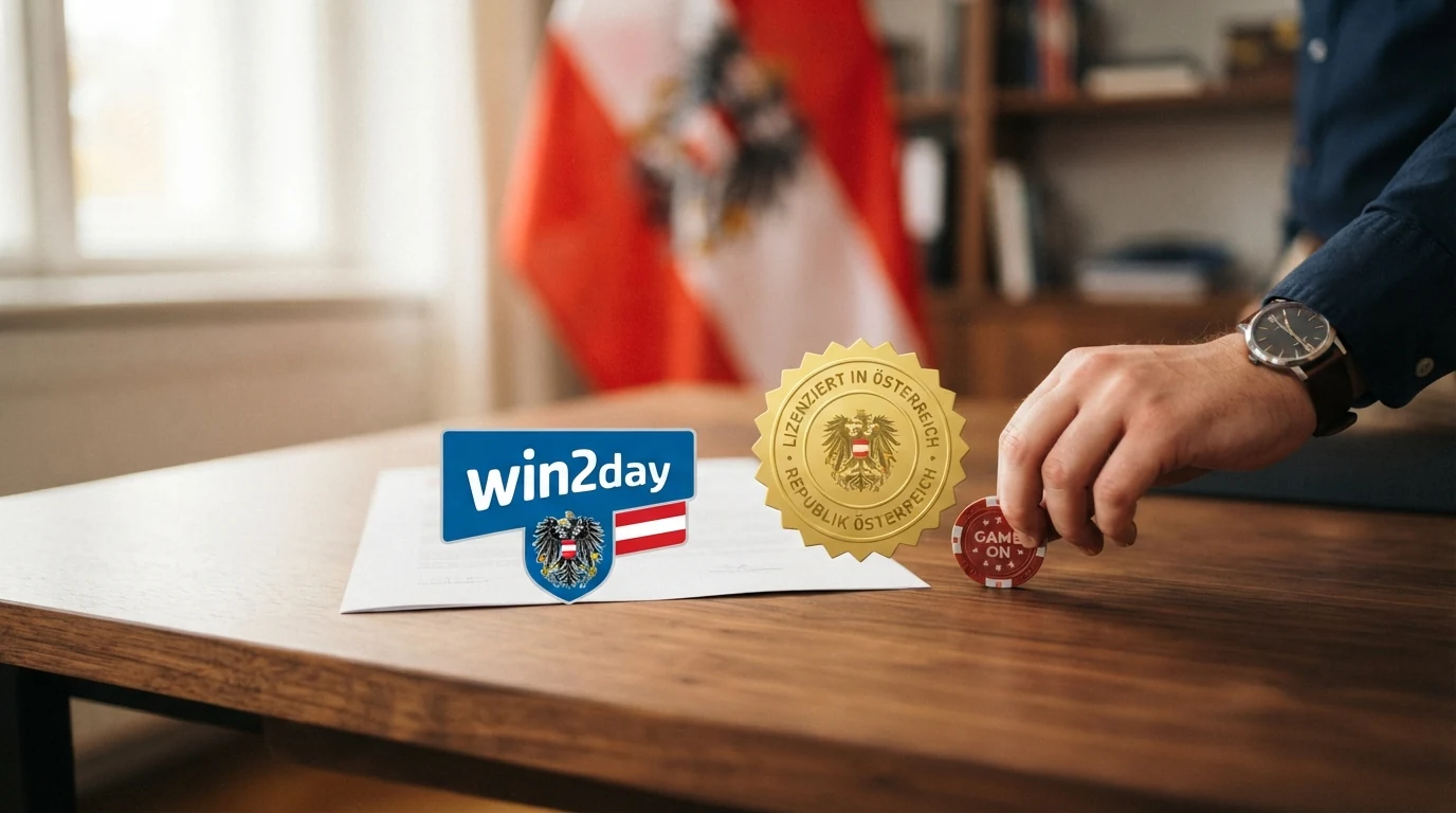 Offizielles win2day-Logo neben dem österreichischen Bundeswappen und der Aufschrift „Konzession nach §12a GSpG“, darunter die Logos von MGA und Gibraltar als Beispiele nicht in AT gültiger Lizenzen