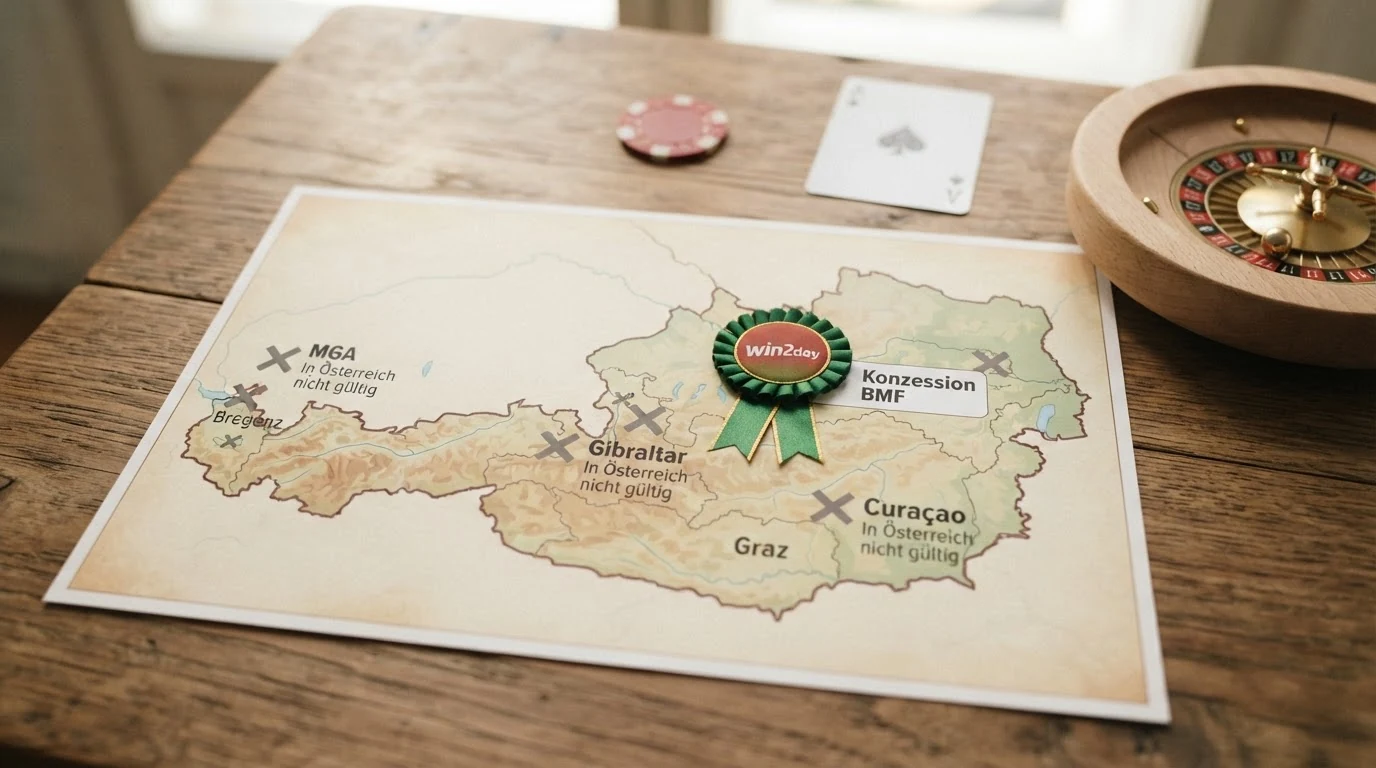 Eine stilisierte Österreich-Karte mit Symbolen: grünes Häkchen bei win2day („Konzession BMF“), graue Kreuze bei MGA/Gibraltar/Curacao-Symbolen („In Österreich nicht gültig“)