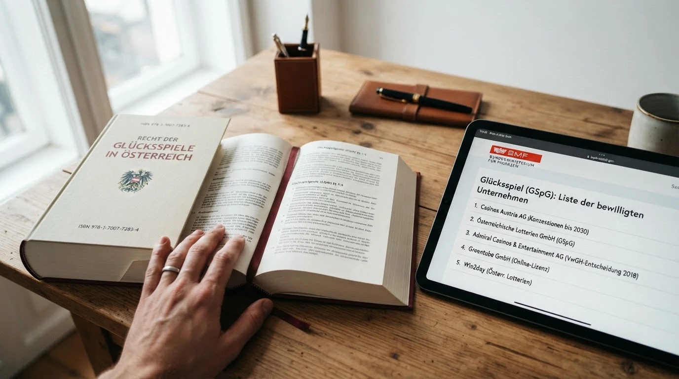 Ein österreichisches Gesetzbuch mit Lesezeichen neben einem Tablet das die BMF-Website mit der Glücksspiel-Konzessionsliste anzeigt