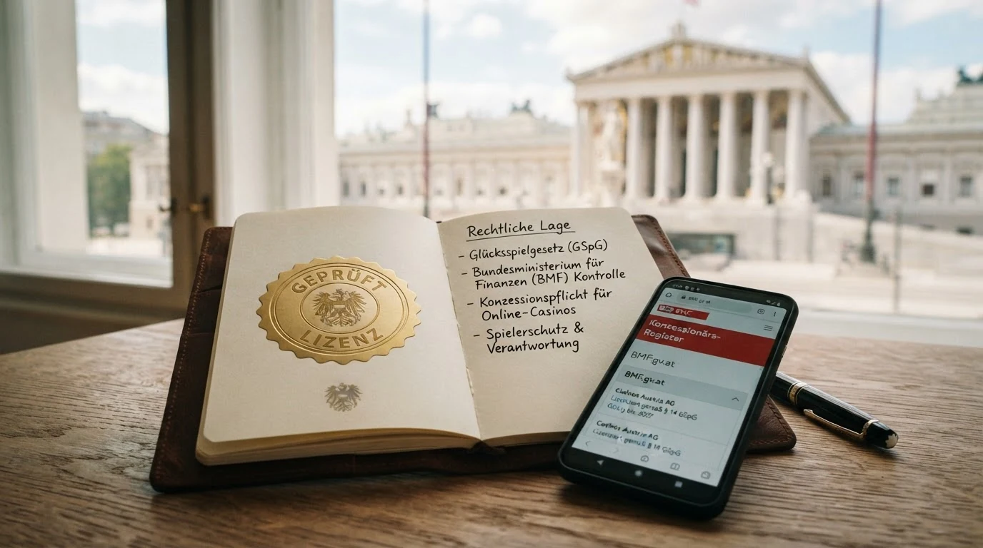 Ein amtlich wirkendes Dokument oder Bildschirmfoto des BMF-Konzessionärs-Registers mit dem win2day-Eintrag, kontrastiert mit dem Schriftzug „Revolut“ — die visuelle Spannung zwischen dem einen legalen Anbieter und der Zahlungsmethode, die er nicht akzeptiert.