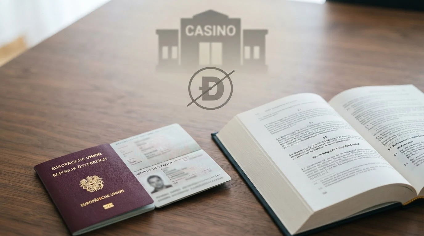 Ein österreichischer Reisepass liegt neben einem aufgeschlagenen Gesetzbuch, im Hintergrund eine stilisierte Casino-Silhouette mit einem durchgestrichenen DOGE-Symbol