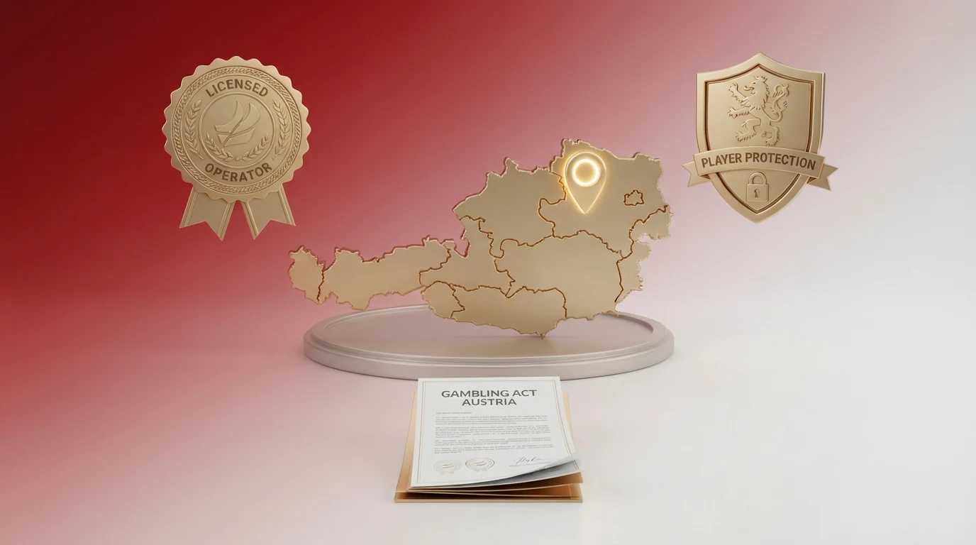 Eine stilisierte Österreich-Karte mit einem markierten Punkt für Wien, daneben die Symbole für Gesetzestext (Paragraf), Konzession (Siegel) und Spielerschutz (Schild) — ohne Casino-Logos oder Werbung