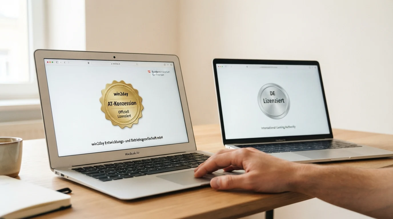 Bildschirmfoto des win2day-Lizenzhinweises im Footer neben einem MGA-Lizenzsiegel eines internationalen Casinos — visueller Kontrast der Lizenzmodelle