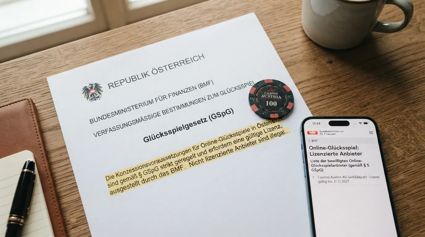 Ein offizielles Dokument oder Bildschirmfragment mit dem Schriftzug „Glücksspielgesetz (GSpG)“ und dem Bundeswappen Österreichs neben Casino-Logos, die durch ein rotes X als nicht-lizenziert markiert sind