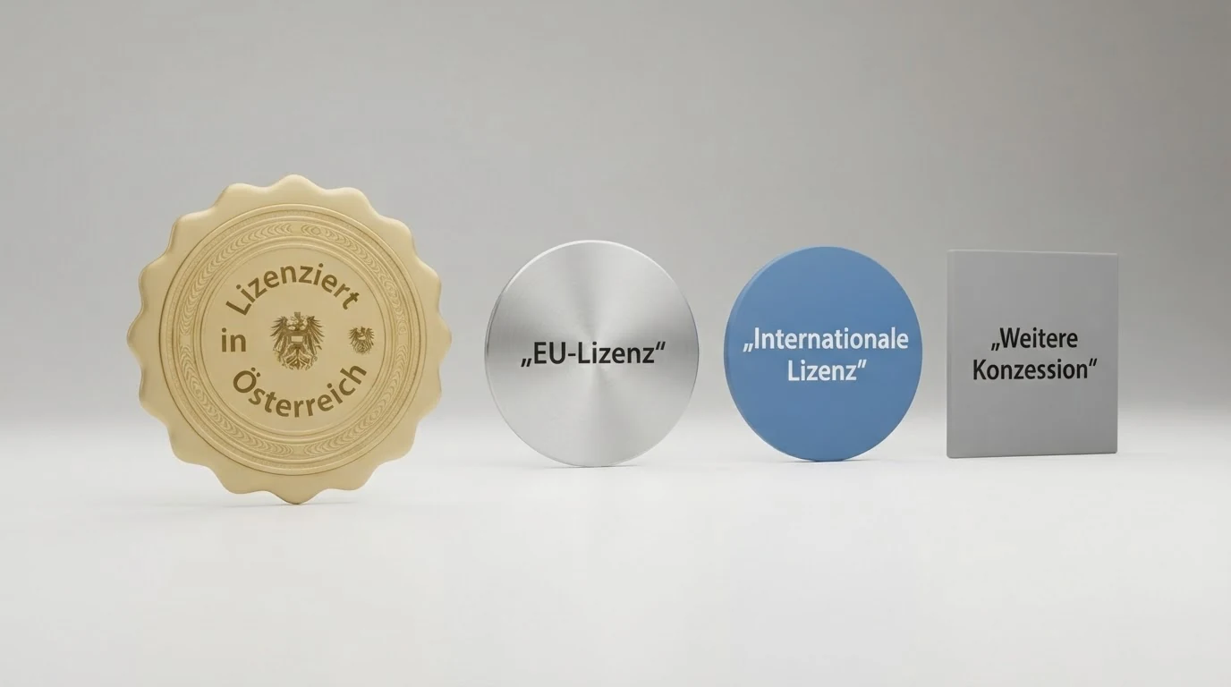 Ein grafischer Vergleich: das offizielle BMF-Konzessionssiegel für win2day neben den Logos von MGA, Curaçao und anderen internationalen Lizenzen, jeweils mit einem Haken oder Kreuz für die Gültigkeit in Österreich