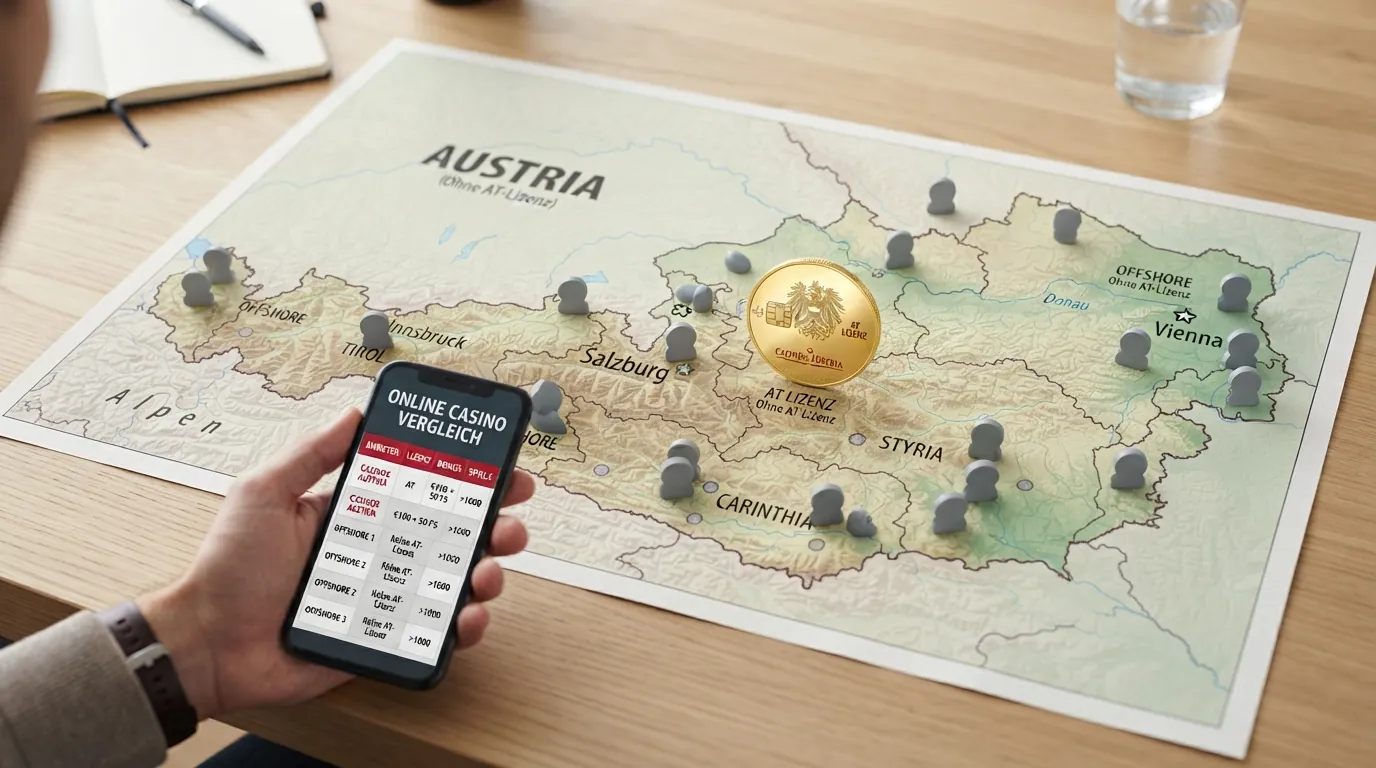 Österreich-Umriss mit einem hervorgehobenen Punkt für die einzige AT-Lizenz (win2day) und mehreren blasseren Punkten für Offshore-Anbieter