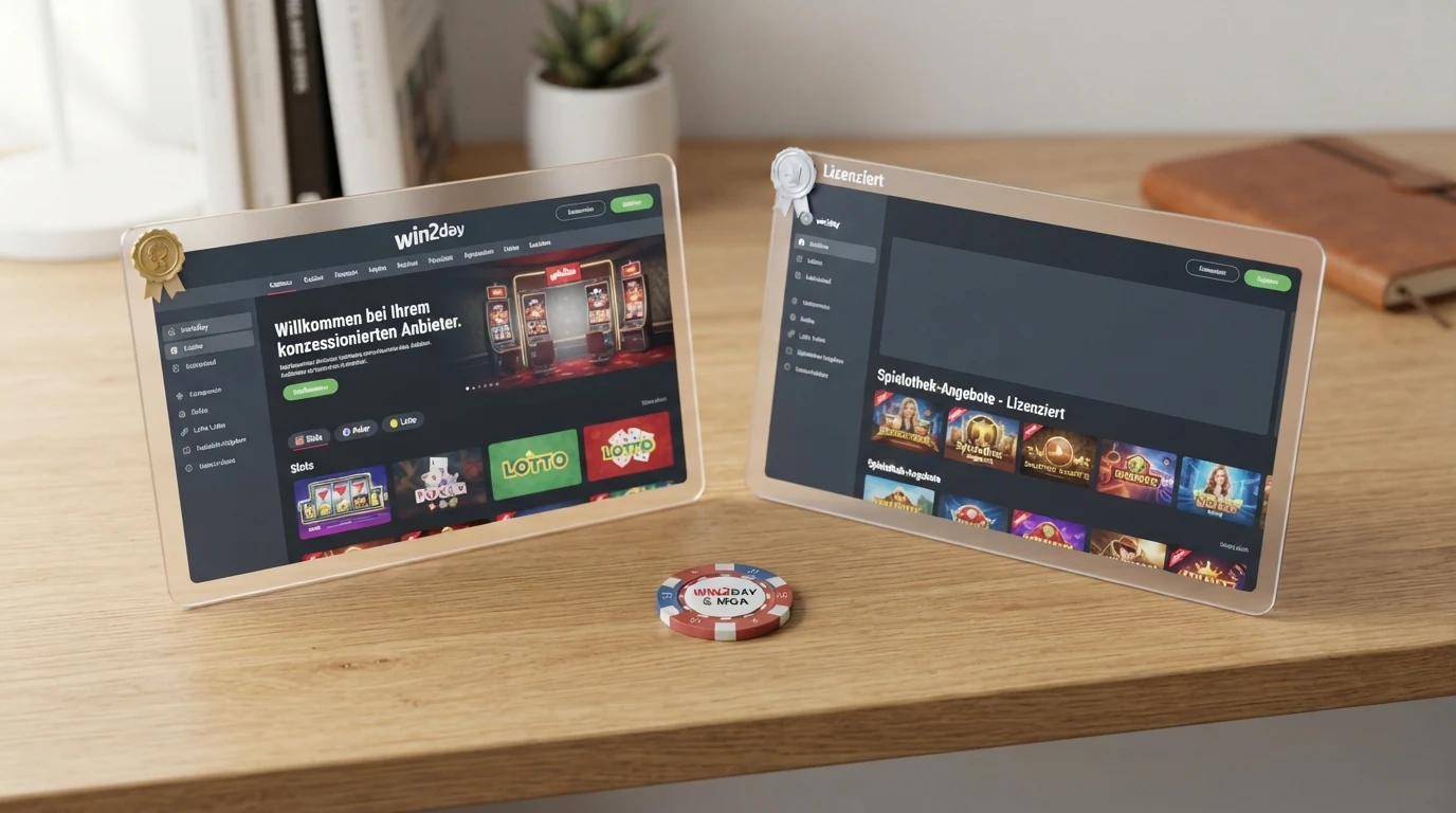 Gegenüberstellung: win2day-Startseite mit BMF-Konzessionshinweis auf der linken Seite und ein MGA-lizenziertes Casino mit Kleingedrucktem auf der rechten Seite