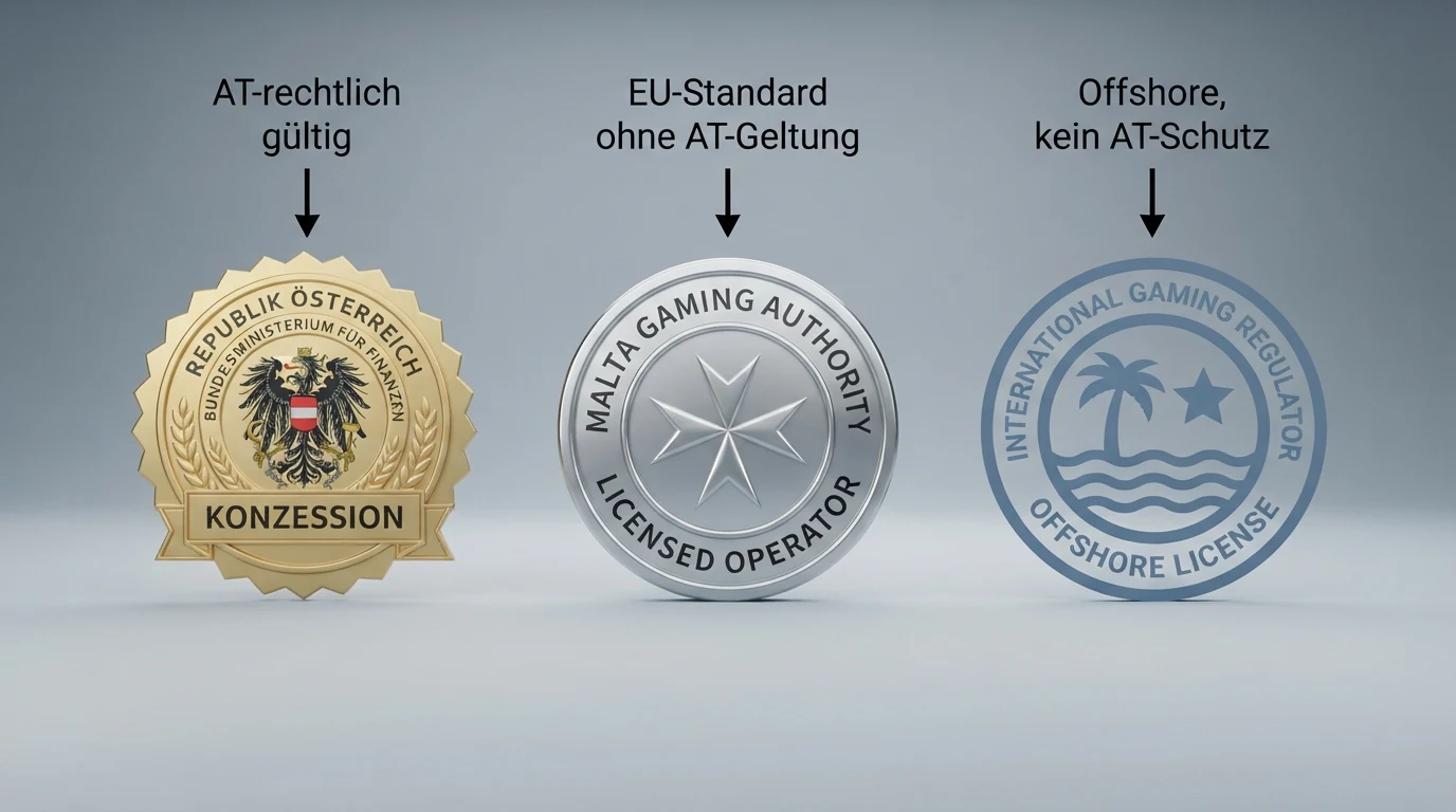 Drei nebeneinanderliegende Lizenzsiegel — das österreichische BMF-Konzeptionssiegel, ein MGA-Lizenzlogo und ein Curaçao-eGaming-Symbol — mit erklärenden Pfeilen zur AT-Rechtsgültigkeit.
