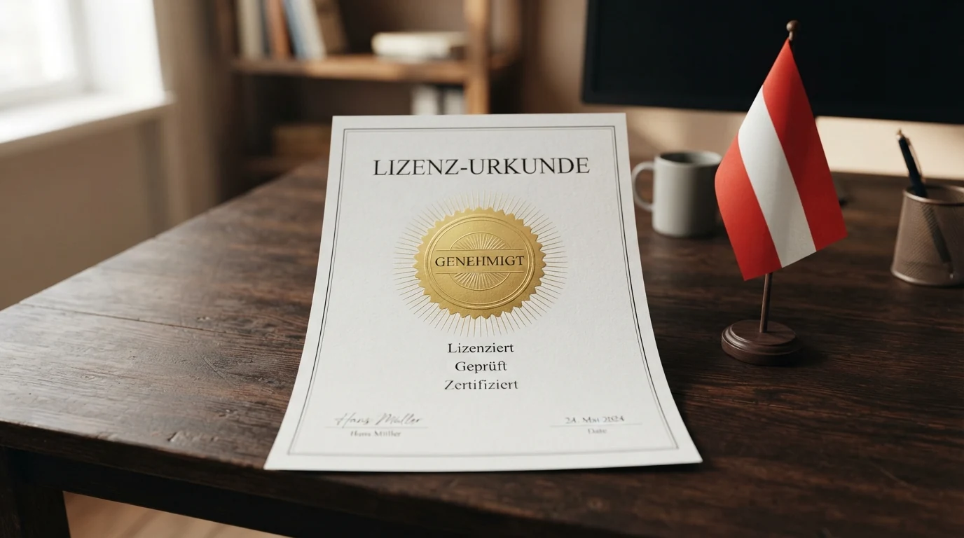 Eine stilisierte österreichische Flagge neben einem EU-Sterne-Kreis, dazwischen ein Fragezeichen über einem Casinoschriftzug