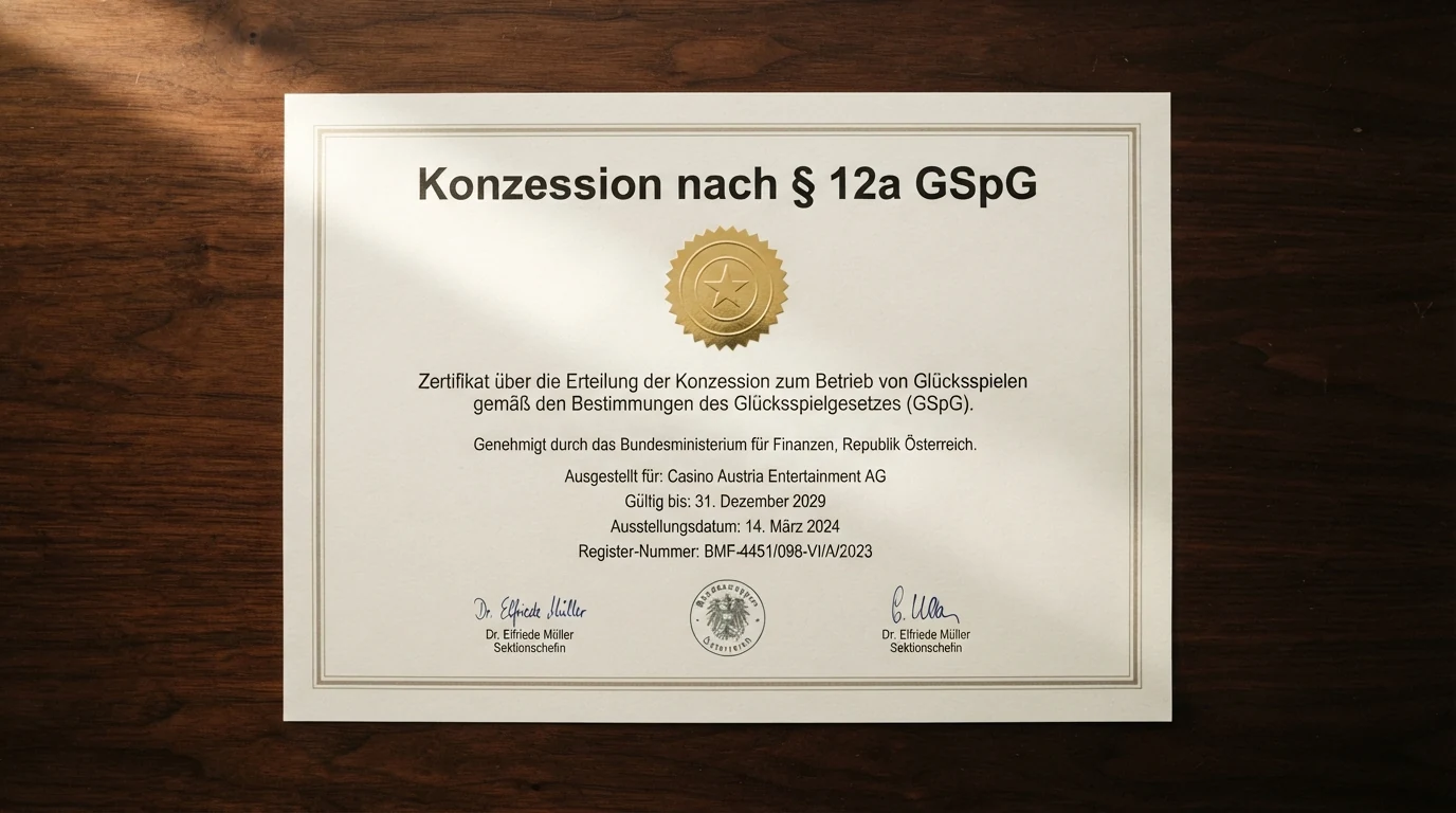 Ein offiziell wirkendes Dokument oder Siegel mit Bezug zur österreichischen Glücksspielregulierung, etwa das BMF-Logo oder der Schriftzug „Konzession nach § 12a GSpG“.