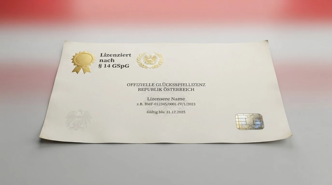 Das offizielle Siegel der österreichischen Glücksspielkonzession mit Bundesadler auf einer Dokumentenseite
