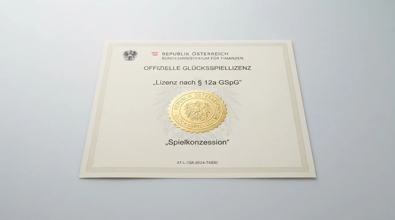 Offizielles Dokument mit dem Schriftzug „Konzession nach § 12a GSpG“ und dem Logo der Österreichischen Lotterien