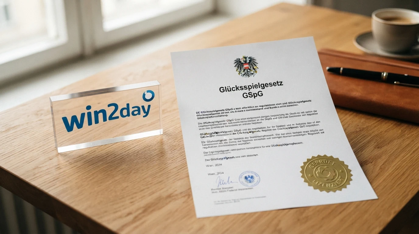 Das offizielle win2day-Logo neben dem Schriftzug „Glücksspielgesetz GSpG“ und einer stilisierten Gesetzesurkunde mit dem Bundesadler der Republik Österreich
