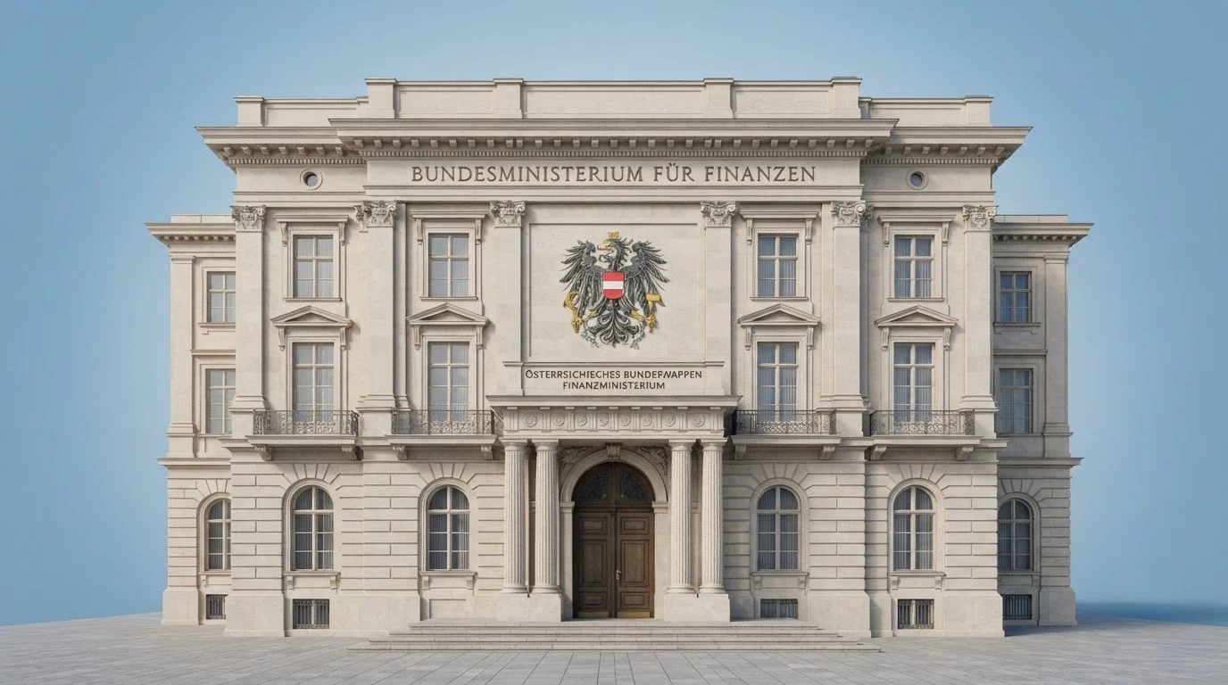 Das Gebäude des Bundesministeriums für Finanzen in Wien mit dem österreichischen Staatswappen über dem Eingang