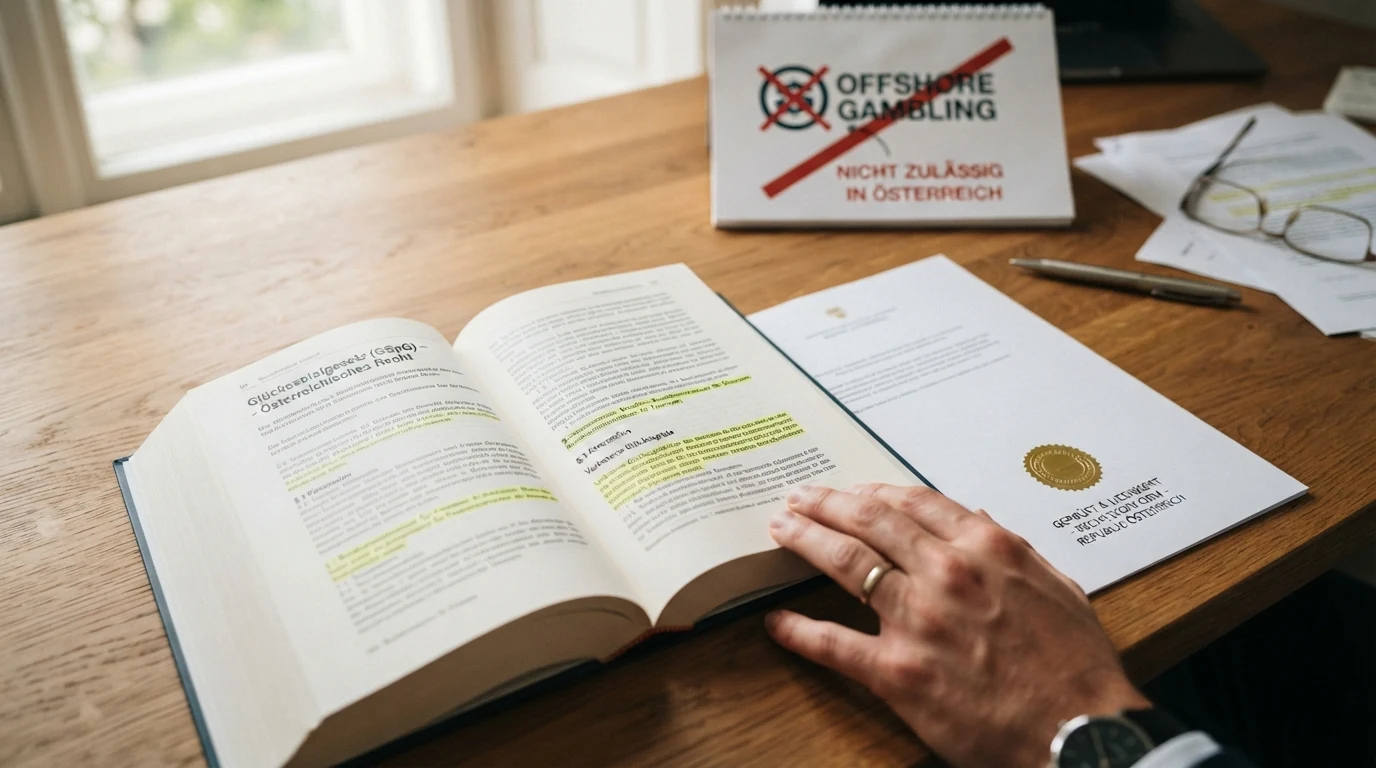 Ein österreichisches Gesetzbuch (GSpG) neben einem durchgestrichenen Curaçao-Lizenz-Symbol auf einem Schreibtisch