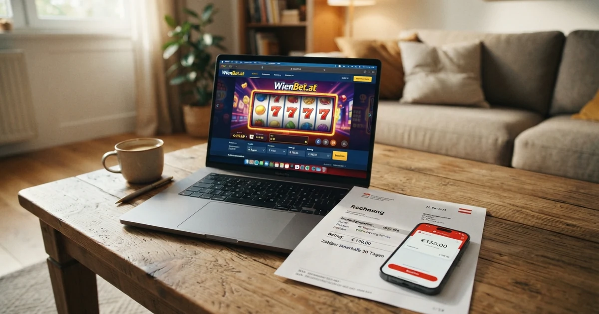 Ein geöffneter Laptop zeigt eine Casino-Website, daneben liegt eine Rechnung mit dem Klarna-Logo und ein Smartphone mit einer Banking-App